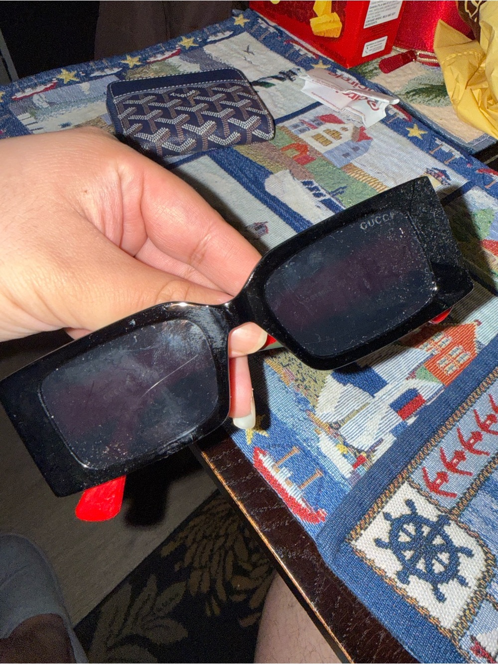Gucci Men’s Chunky Black Rectangular Sunglasses with Red Temples 100% Authentic